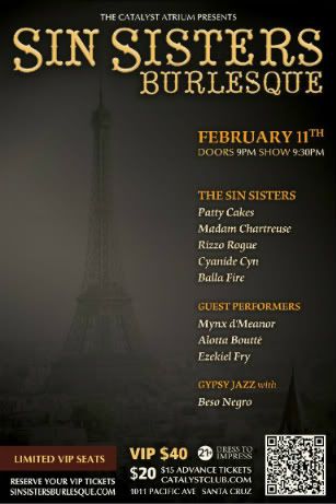 Sin Sisters flier, February 11, 2012, Show at the Catalyst Club in Santa Cruz, CA.
