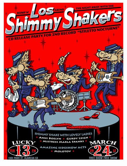 Los Shimmy Shakers release party flier, March 24, 2012, Show at the Lucky 13 in Alameda, CA.