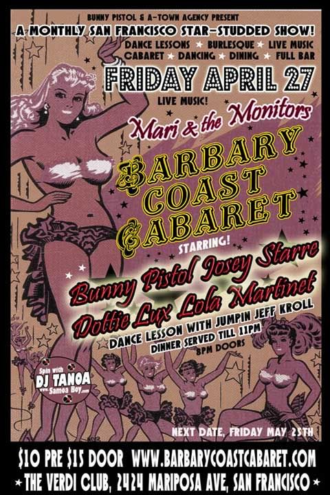 Barbary Coast Cabaret flier, April 27, 2012, Show at the Verdi Club in San Francisco, CA.
