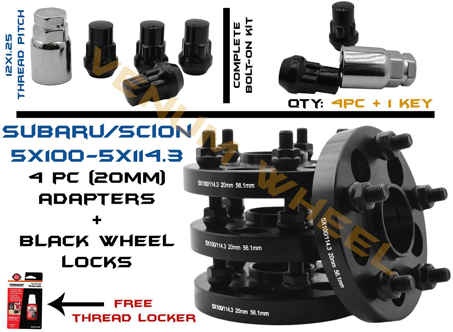 4pc 15mm Subaru Conversion Adapter Kit 5x100 to 5x114.3 56.1mm Hub Centric 20 Black Bulge Acorn Lug Nuts M12x1.25 Thread Pitch